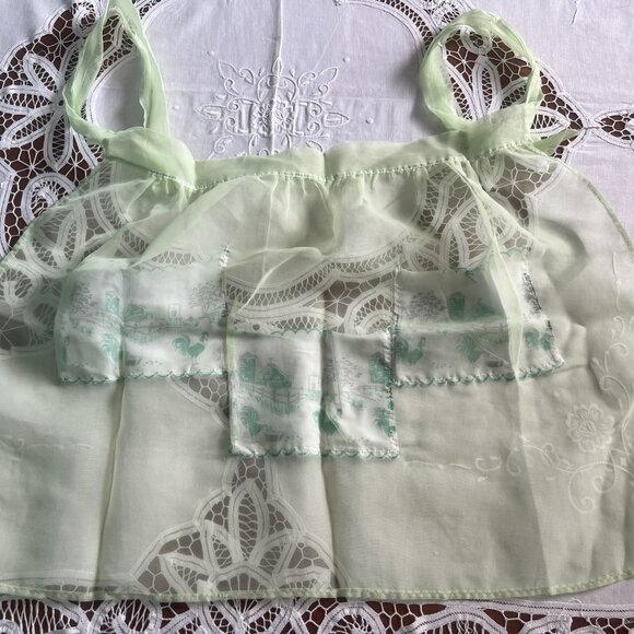 Vintage Green Chiffon Half Apron Pockets Chicken Rooster Farm Scene Retro Kitche - Picture 6 of 9